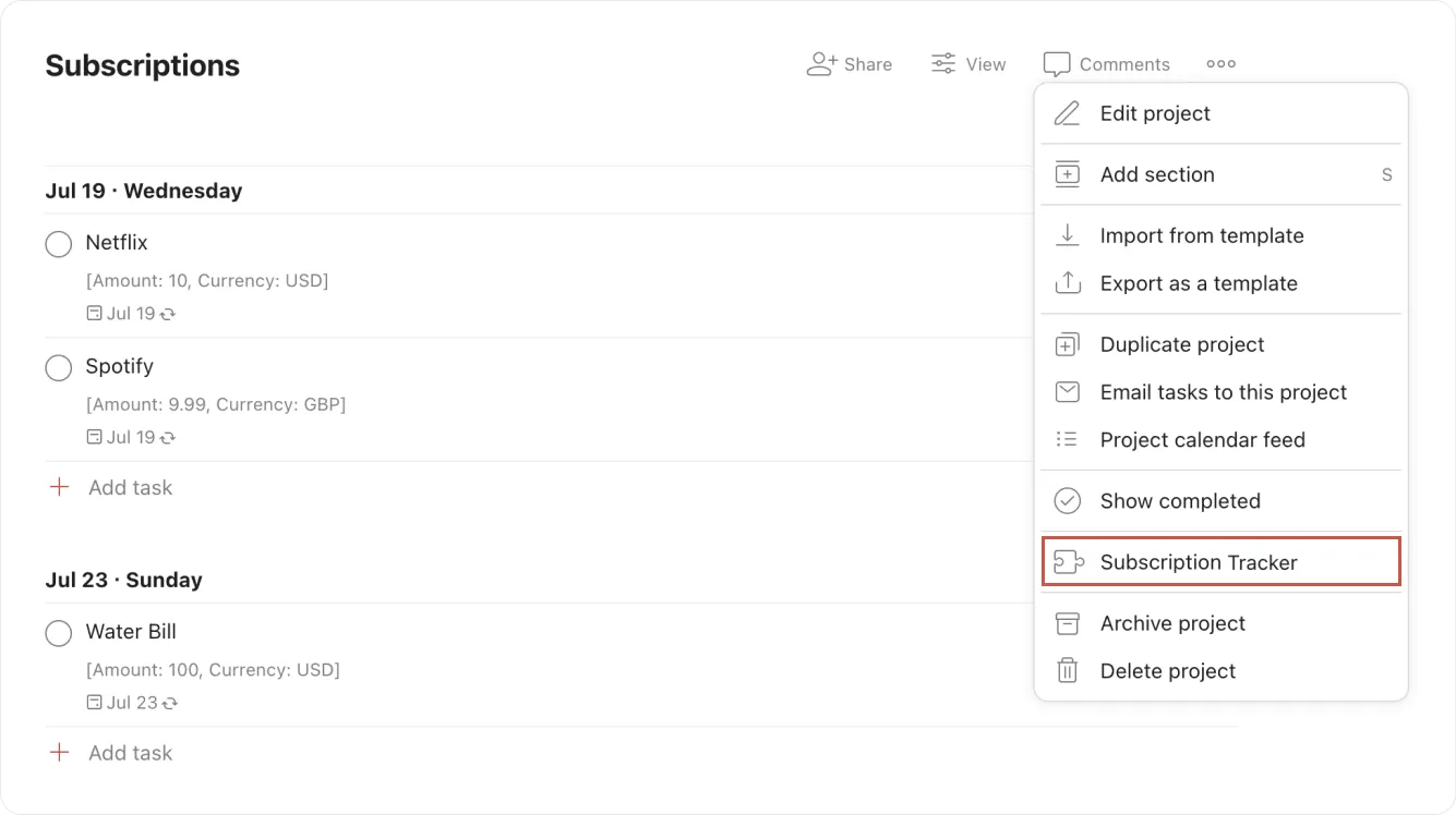 Extension menu